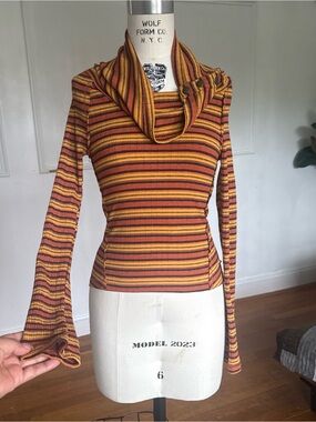 Free People Striped Cowl Neck Long Sleeve Top - Orange, Burgundy, Mustard